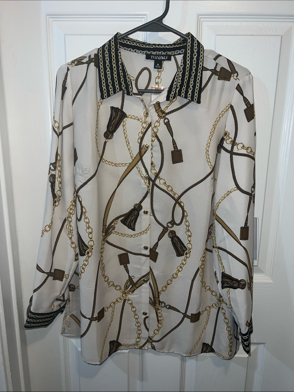 dressbarn Chain & Tassel Print Blouse — Black, Ivory, Brown, Gold